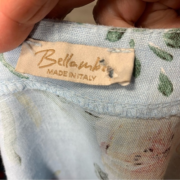 Bella Umbra Linen Blouse Sz M Blue Aqua Floral Tropical Ruffle Sleeves Top Italy - Picture 9 of 11